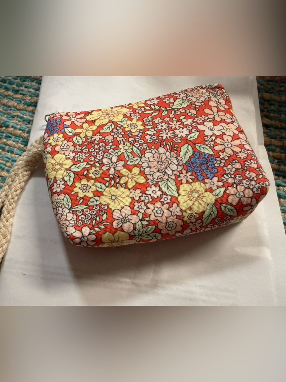 Floral Zip Cosmetic Pouch in Coral with Yellow Accents